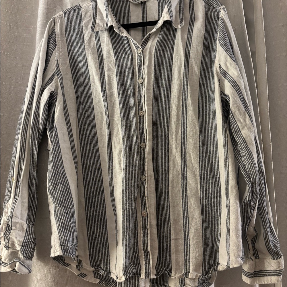 Orvis Blue & White Striped Women's‎ Button Down Linen/Rayon Shirt - roomy XL